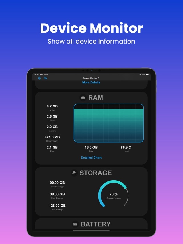 Device Monitor to jedna z aplikacji, które pozwalają sprawdzić RAM w urządzeniu z systemem iOS. Źródło: App Store.