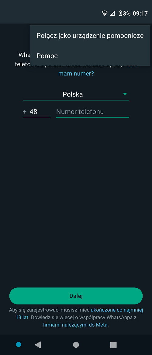 Pierwszy krok do korzystania z WhatsAppa na dwóch telefonach należy wykonać już na ekranie logowania/rejestracji. Źródło: własne.