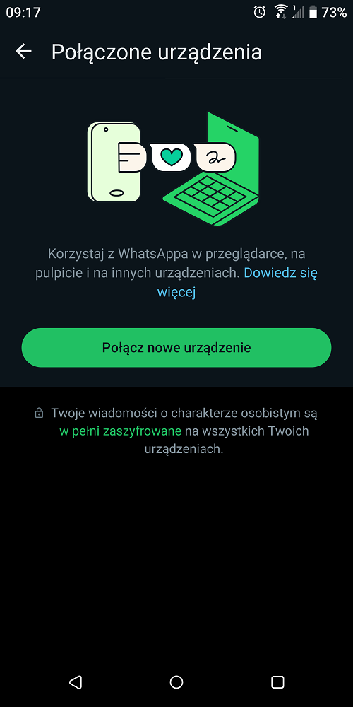 Po stuknięciu w „Połącz nowe urządzenie” na naszym głównym telefonie, musimy jeszcze zeskanować kod QR z drugiego, pomocniczego urządzenia. Źródło: własne.