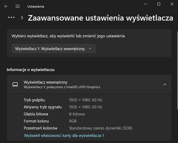 W Ustawieniach wyświetlacza znajdziemy nie tylko dane dotyczące wyświetlacza, lecz również informacje o karcie graficznej, do której jest on podłączony. Źródło: własne. - Jak sprawdzić, jaką mam kartę graficzną, w Windows 11? Pokazujemy trzy proste sposoby - wiadomość - 2024-05-29