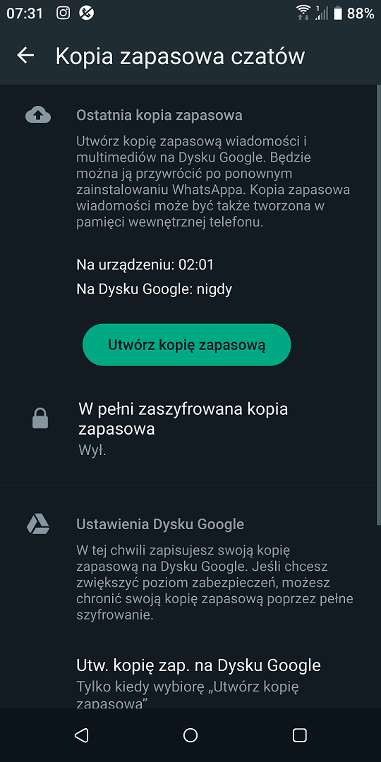 Tworzenie przez WhatsApp kopii zapasowej w chmurze to dla nas przede wszystkim wygoda. Źrodło: własne.