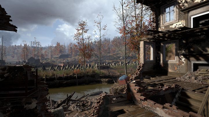 A view of the forests and a demolished house in Hurtgen Forest.