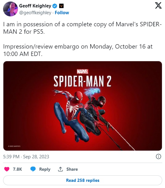 Spider-Man 2 for PS5 Review Embargo Lift Date - picture #1