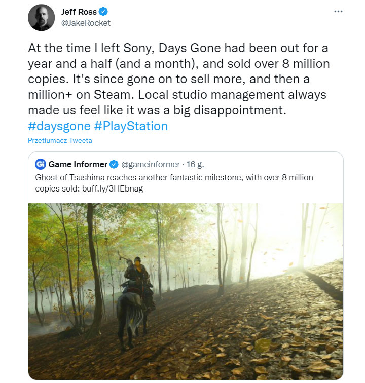 MBG on X: The director of Days Gone revealed the insane sales figures of  the game after seeing Sony release sales figures for Ghost of Tsushima.  This has caused fans to question