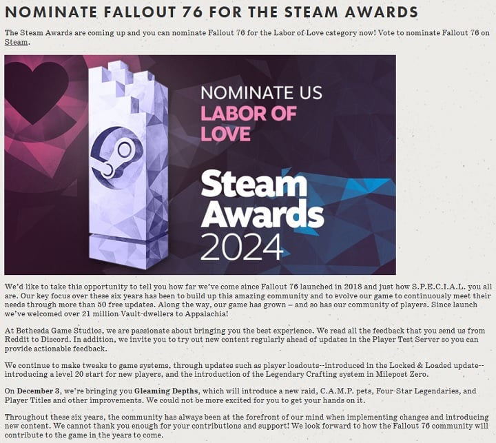 Bethesda Asked Fallout 76s 21-Million Community About Nomination for Steam Awards 2024. Gamers Said It Was Unfunny Joke - picture #1