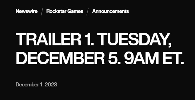 GTA 6 Trailer is set to premiere on Tuesday, December 5, 2023