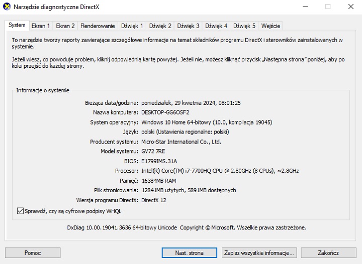 Narzędzie diagnostyczne DxDiag to kolejne miejsce, w którym możemy znaleźć model laptopa. - Jak sprawdzić model laptopa? - wiadomość - 2024-04-29