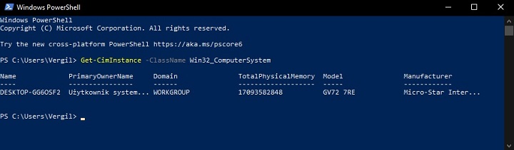 W Windows PowerShell również znajdziemy informacje na temat modelu naszego laptopa. Źródło: własne. - Jak sprawdzić model laptopa? - wiadomość - 2024-04-29