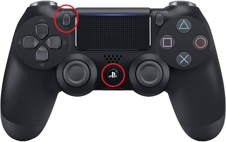 Aby sparować DualShocka 4 bezprzewodowo z PC, musimy jednocześnie wcisnąć przyciski „PS” i „Share”. Źródło: Sony Interactive Entertainment. - Jak podłączyć pada PS4 do PC? Opisujemy krok po kroku i pokazujemy rozwiązania problemów - wiadomość - 2024-06-04