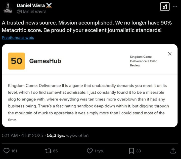 Daniel Vávra criticized low ratings for Kingdom Come: Deliverance 2. ?Be proud of your excellent journalistic standards!” - picture #1