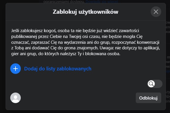 Aby odblokować kogoś przez przeglądarkę internetową, musimy sprawdzić, na której z list zablokowanych użytkowników znajduje się dana osoba. Źródło: własne.