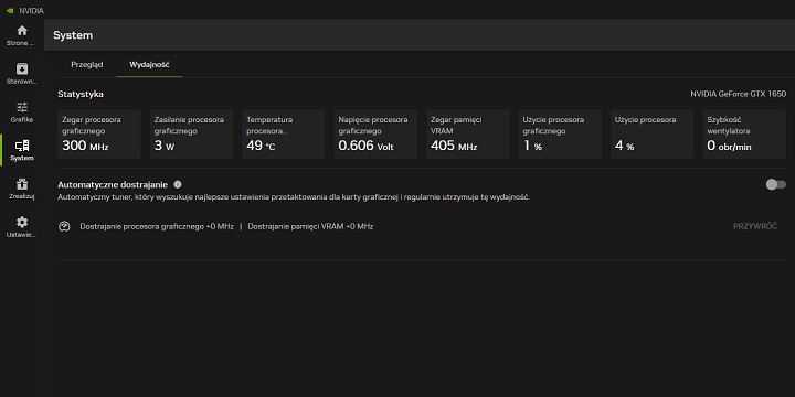Zakładka Wydajność dostępna w aplikacji Nvidia. | Źródło: Własne. - Nvidia wprowadza funkcję szybkiego podkręcania sprzętu, ma wystarczyć jedno kliknięcie - wiadomość - 2024-06-05