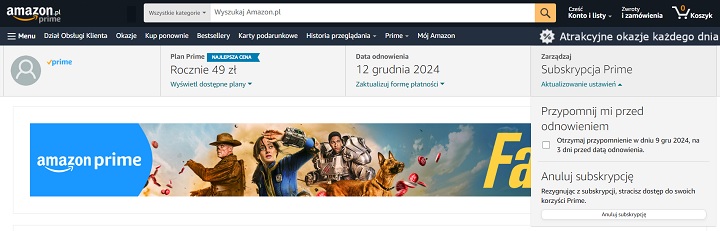 Na stronie Amazon.pl można łatwo zrezygnować z subskrypcji Amazon Prime. Źródło: Amazon / własne. - Jak zrezygnować z Amazon Prime? - wiadomość - 2024-05-02