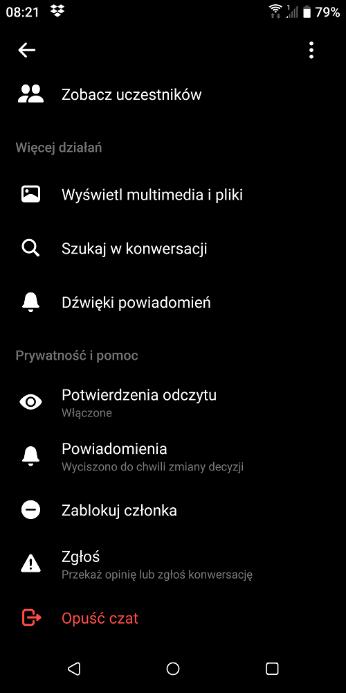 Opuszczenie grupy na Messengerze to kwestia kilku kliknięć lub stuknięć w ekran. Źródło: własne.