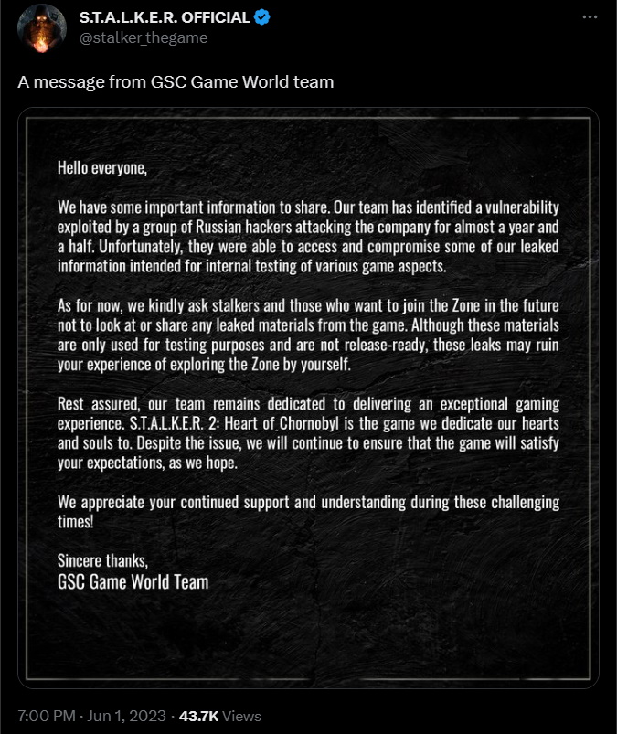 STALKER 2 Devs Ask to Watch Out for Leaks From Russian Hackers - picture #1