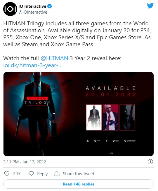 IO Interactive on X: HITMAN Trilogy includes all three games from the  World of Assassination. Available digitally on January 20 for PS4, PS5,  Xbox One, Xbox Series X/S and Epic Games Store.