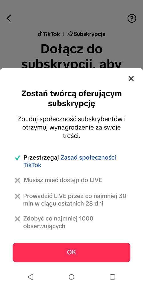 Zaoferowanie widzom płatnych subskrypcji to jeden ze sposobów na zarabianie na TikToku. Źródło: własne.