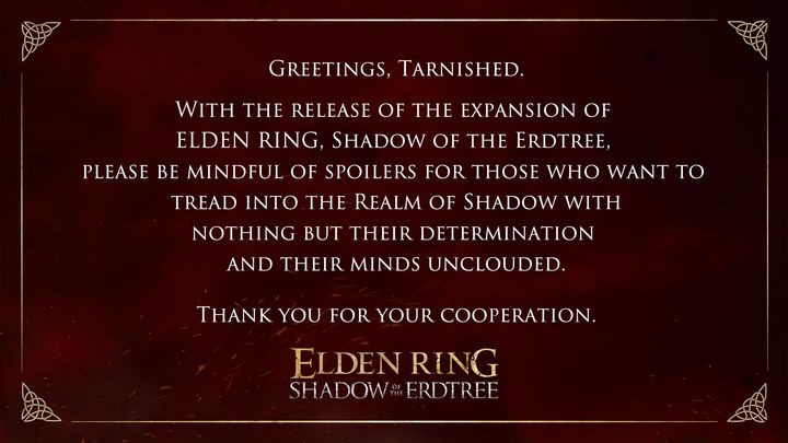 Źródło: X/Twitter @ELDENRING - Uwaga na spoilery z Elden Ring: Shadow of the Erdtree, gra wyciekła, a From Software ostrzega - wiadomość - 2024-06-17