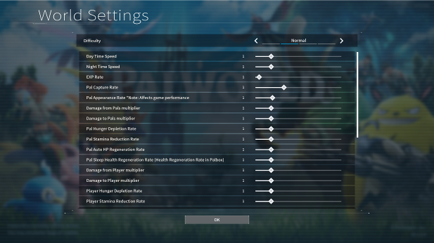 Corresponding in-game world settings in Palworld. Source: Palworld, Developer: Pocket Pair - Palworld - Server Settings Explained - news- 2024-01-23