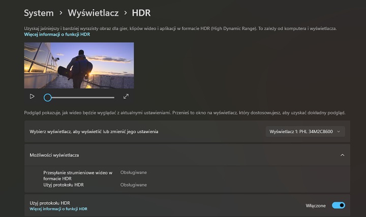 W ustawieniach systemu Windows możemy sprawdzić, czy nasz monitor obsługuje HDR. Źródło: własne. - Jak skalibrować HDR w Windowsie? - wiadomość - 2024-04-18