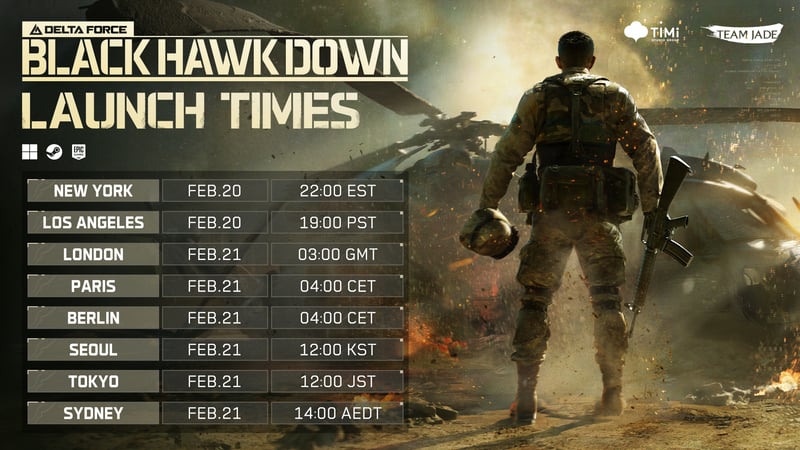 Delta Force Black Hawk Dawn release times all over the globe. Source: https://store.steampowered.com/news/app/2507950/view/562489902889960207 - Delta Force Black Hawk Down 2025 coop campaign is free and will be launched tomorrow - news - 2025-02-20