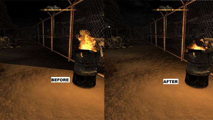Po lewej standardowa wersja gry, po prawej wersja z modem Improved Lighting Shaders. Źródło fot. Bethesda i emoose. - Co potrzebujesz, by dzisiaj zagrać w Fallout New Vegas. Najlepsze mody na start - wiadomość - 2024-04-18