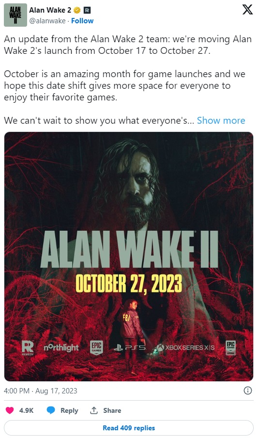 Alan Wake 2 delayed to end of October 2023