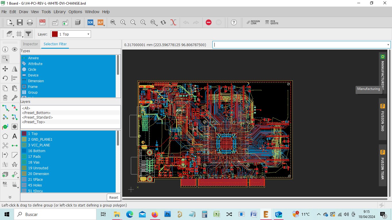Zrzut ekranu z programu Eagle podczas projektowania układu połączeń elektrycznych w karcie graficznej. Źródło: Oscar Barea, X - Entuzjasta buduje niestandardową kartę graficzną na archaicznym GPU 3dfx, z portami DVI i HDMI - wiadomość - 2024-04-19