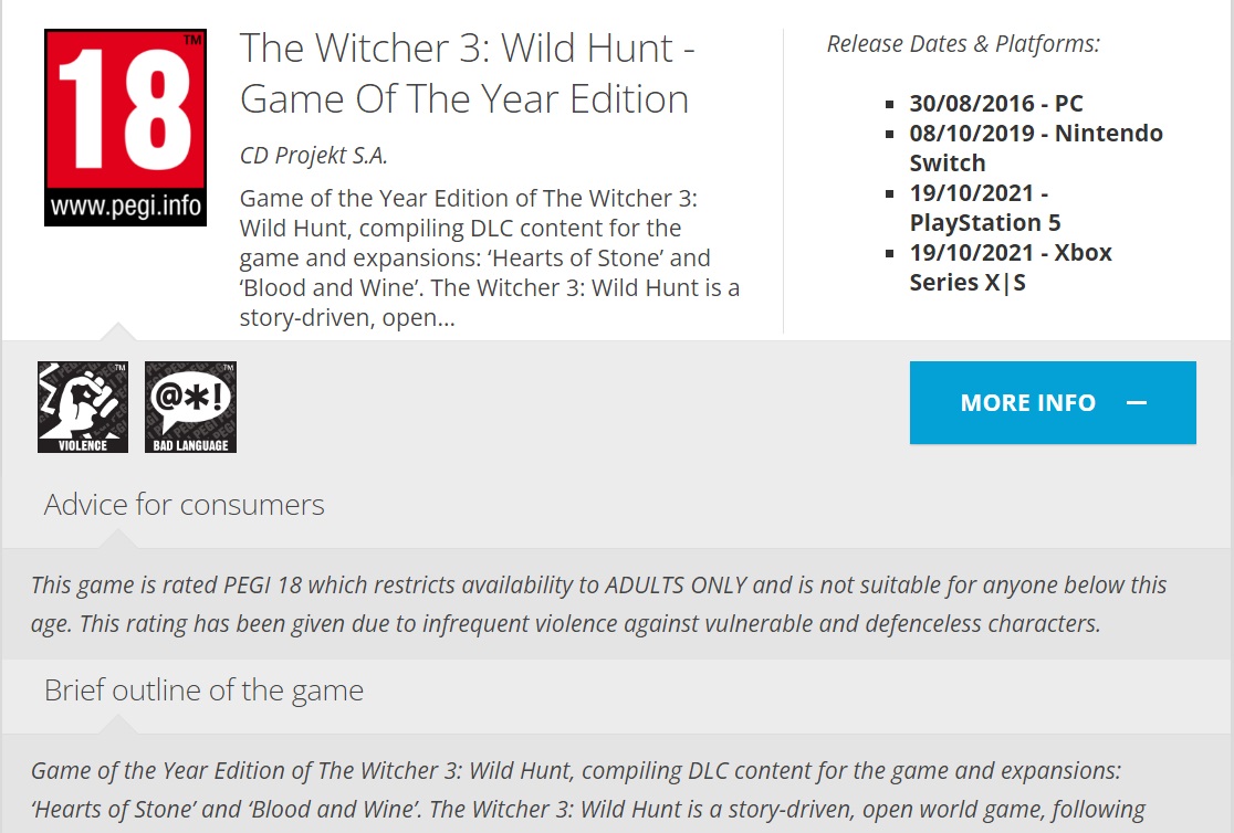 The Witcher 3 on PS5 and XSX/S is Very Close; PEGI Rates the Game [UPDATED] - picture #1