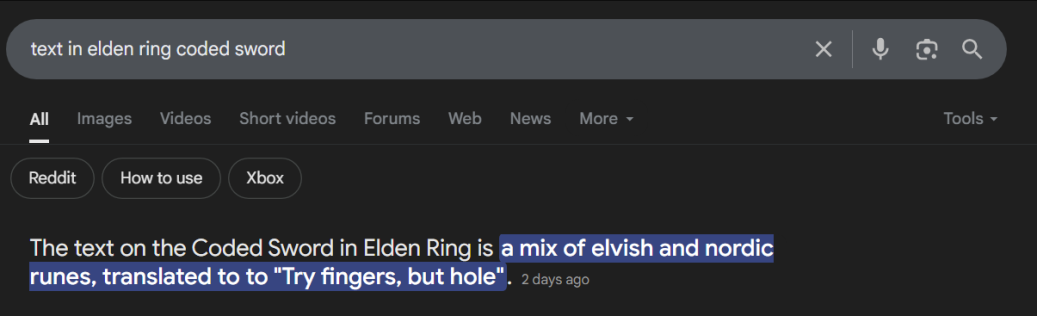 AI mixes community jokes with Elden Ring lore. Source: Google Search screenshot - „AI, reliable as always.” A popular Elden Ring meme became „canon,” reminding us that Artificial Intelligence has a long way to go - news - 2025-07-21