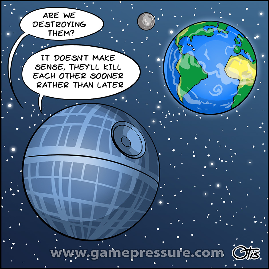 Death Star comes to Earth, comics Cartoon Wars, #102. The Death Star will not destroy Earth... but why?!