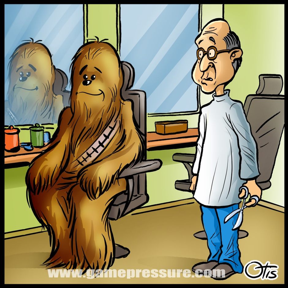 A Barber's Nightmare, comics Cartoon Wars, #10. Chewbacca's little trim.