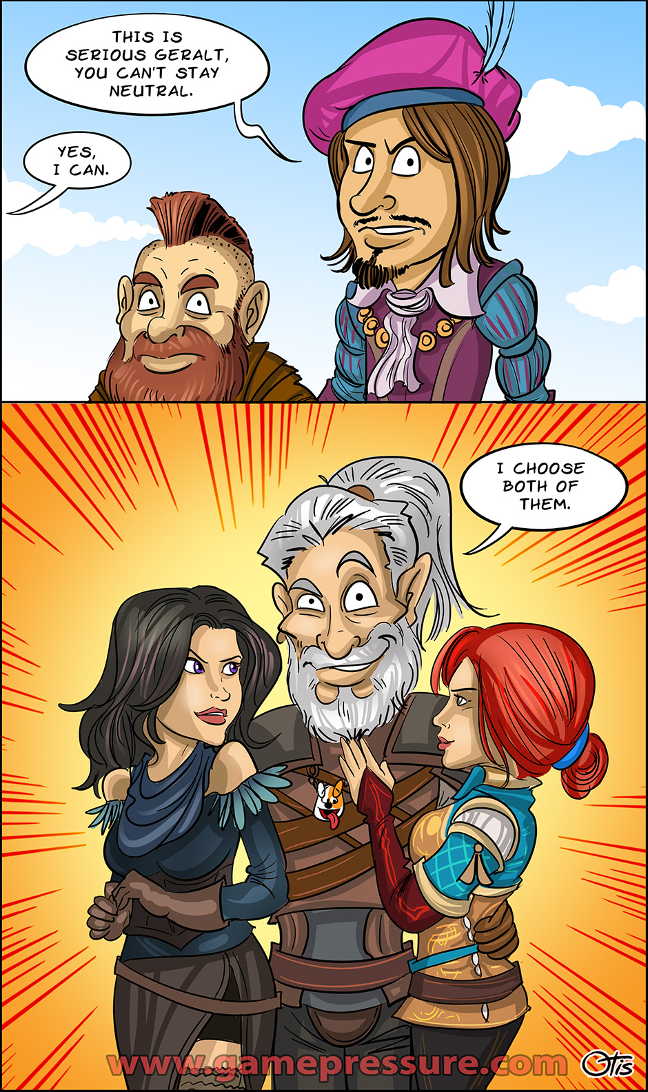 Geralt always stays neutral, comics Cartoon Games, #235. White Wolf is the only witcher who can stay neutral in such cases.