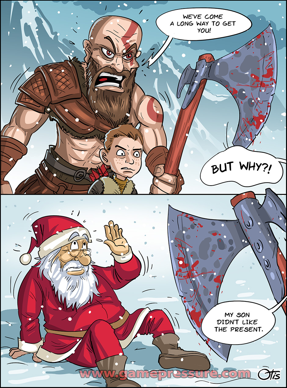 Kratos goes on a Christmas hunt, comics Cartoon Games, #228. Kratos made a list and he's checking some people off it.