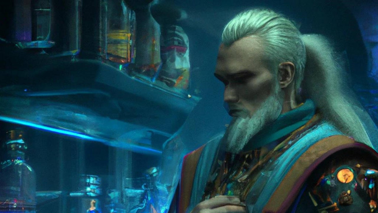 Wiedźmin warzy eliksir w laboratorium - AI stworzyło obraz.