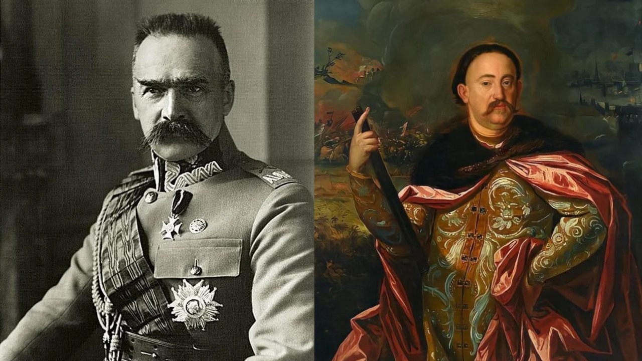 Współczesny Piłsudski i Jan III Sobieski w garniturze na obrazkach prosto od AI.