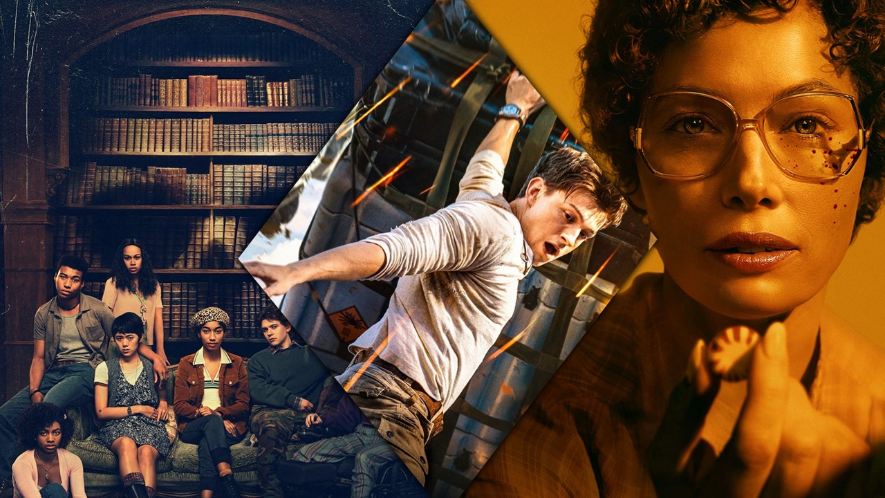 Co obejrzeć na Netflix, HBO Max, Disney Plus i Prime Video w weekend 14-16 października 2022 roku, źródło grafiki: Klub Północny, Mike Flanagan, Netflix, 2022 / Uncharted, Ruben Fleischer, Sony Pictures, 2022 / Candy: Śmierć w Teksasie, Nick Antosca i Robin Veith, Disney+, 2022.