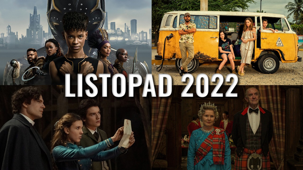 Premiery filmowe i serialowe w listopadzie 2022 roku. Co warto obejrzeć?, źródło grafiki: Czarna Pantera: Wakanda w moim sercu, Ryan Coogler, Marvel Studios, 2022 / Wybrzeże moskitów, Neil Cross i Tom Bissell, Apple TV+, 2021 / Enola Holmes 2, Harry Bradbeer, Netflix, 2022 / The Crown, Peter Morgan, Netflix, 2016.