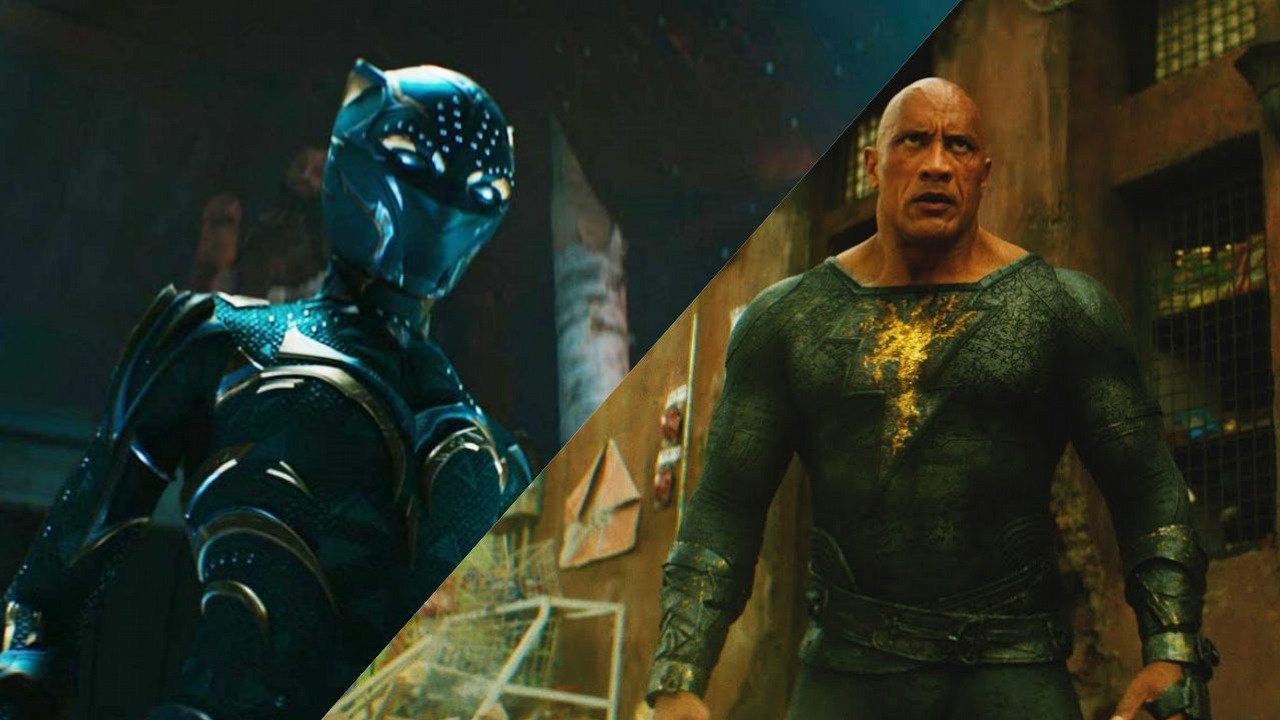 Fanów Marvela męczy natłok filmów, a widzów DC nie interesuje złożone uniwersum, źródło grafiki: Czarna Pantera: Wakanda w moim sercu; reż. Ryan Coogler; Marvel Studios; 2022 / Black Adam; reż. Jaume Collet-Serra; Warner Bros. Pictures; 2022.
