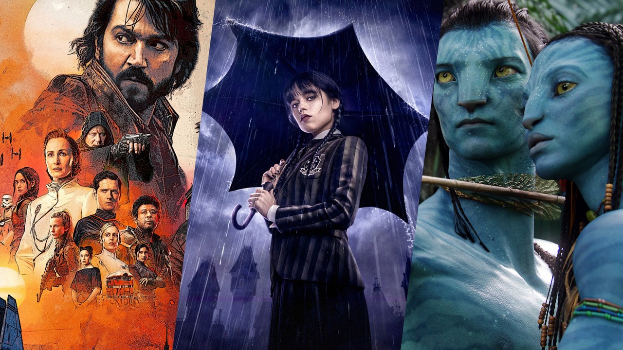 Co obejrzeć na Netflix, HBO Max, Disney Plus i Prime Video w weekend 25-27 listopada 2022 roku, źródło grafiki: Andor, Tony Gilroy, Disney+, 2022 / Wednesday, Alfred Gough i Miles Millar, Netflix, 2022 / Avatar, James Cameron, 20th Century Studios, 2009.