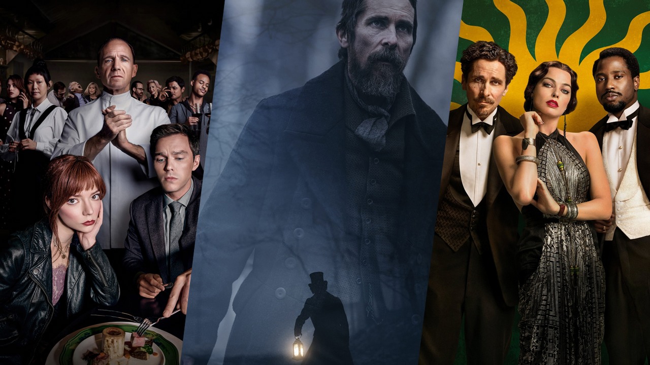 Co obejrzeć na Netflix, HBO Max, Disney Plus i Prime Video w weekend 6-8 stycznia 2023 roku, źródło grafiki: Menu, Mark Mylod, Searchlight Pictures, 2022 / Bielmo, Scott Cooper, Netflix, 2023 / Amsterdam, David O. Russell, 20th Century Studios, 2022.