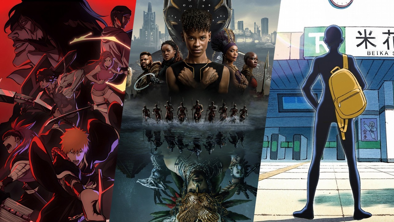 Co obejrzeć na Netflix, HBO Max, Disney Plus i Prime Video w weekend 3-5 lutego 2023 roku, źródło grafiki: Bleach: Thousand-Year Blood War, Tomohisa Taguchi, VIZ Media, 2022 / Czarna Pantera: Wakanda w moim sercu, Ryan Coogler, Marvel Studios, 2022 / Detektyw Conan: Łotrzyk Hanzawa, Akitarou Daichi, TMS Entertainment, 2022.