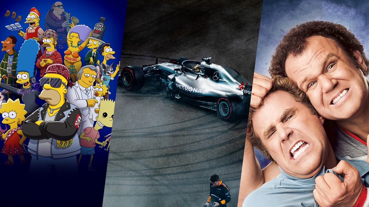 Co obejrzeć na Netflix, HBO Max i Disney Plus w weekend 24-26 lutego 2023 roku, źródło grafiki: Simpsonowie, Matt Groening, FOX, 1989 / Formula 1: Jazda o życie, James Gay-Rees, Paul Martin i Sophie Todd, Netflix, 2019, Bracia przyrodni, Adam McKay, Columbia Pictures, 2008.