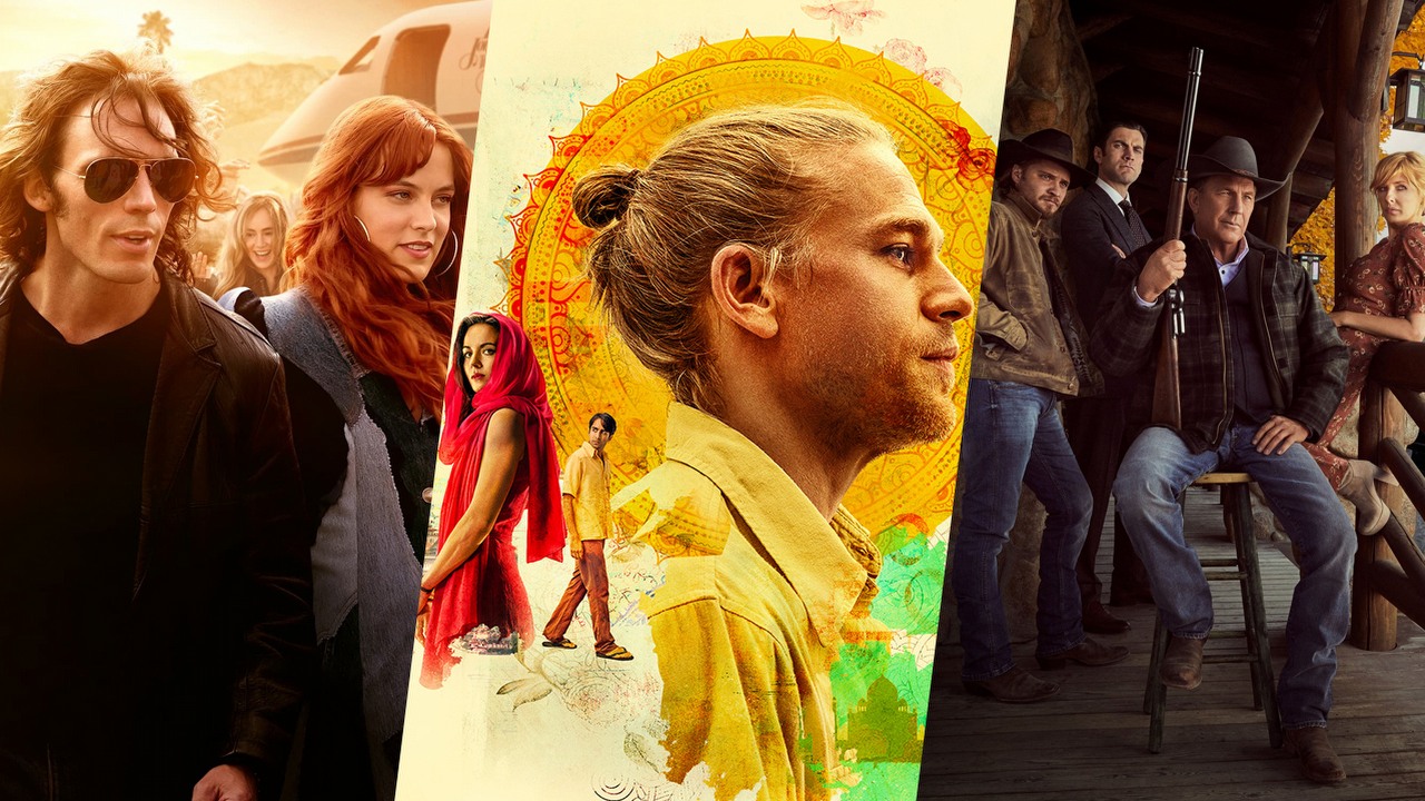 Co obejrzeć na Prime Video, Apple TV Plus i SkyShowtime w weekend 3-5 marca 2023 roku, źródło grafiki: Daisy Jones & The Six, Scott Neustadter i Michael H. Weber, Amazon Prime Video, 2023 / Shantaram, Steve Lightfoot, Apple TV+, 2022 / Yellowstone, Taylor Sheridan i John Linson, Paramount Network, 2018.