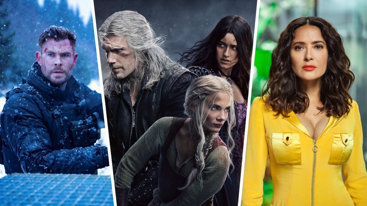 Netflix na czerwiec 2023 - lista seriali i filmów, źródło grafiki: Tyler Rake 2, Sam Hargrave, Netflix, 2023 / Wiedźmin, Lauren Schmidt Hissrich, Netflix, 2019 / Czarne lustro, Charlie Brooker, Netflix, 2011.