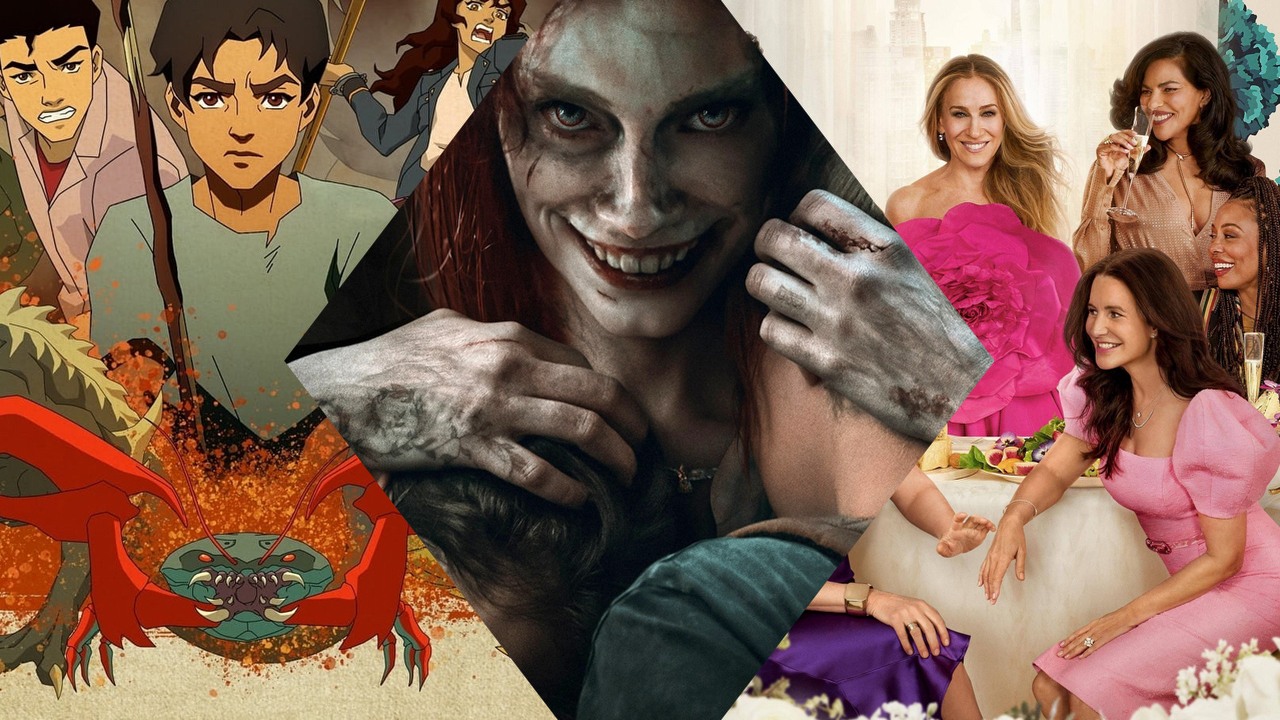 Co obejrzeć na Netflix, HBO Max i Disney Plus w weekend 23-25 czerwca 2023 roku, źródło grafiki: Wyspa czaszki, Brian Duffield, Netflix, 2023/ Martwe zło: Przebudzenie, Lee Cronin,, Warner Bros. Pictures, 2023 / I tak po prostu..., Darren Star, HBO Max, 2021.