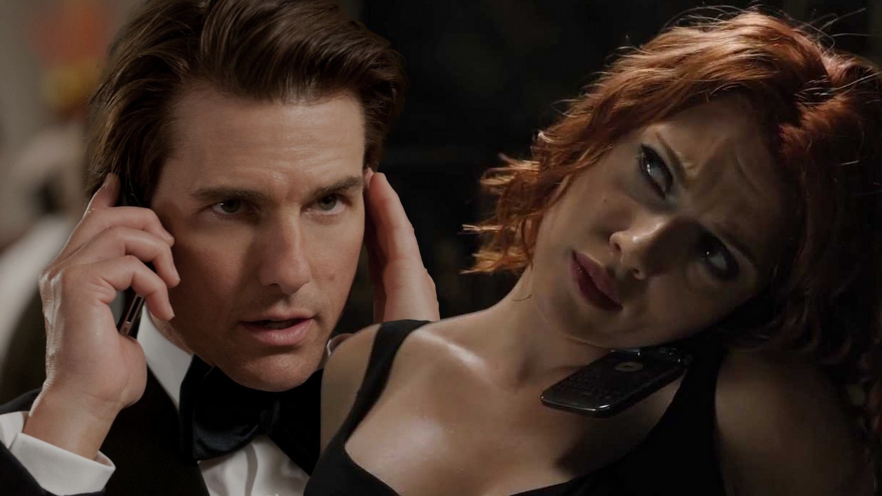 „Może zrobić wszystko”. Tom Cruise odpowiada Scarlett Johansson i obiecuje spełnić jej życzenie, źródło grafiki: Mission: Impossible - Ghost Protocol, Brad Bird, Paramount Pictures, 2011, Avengers, Joss Whedon, Marvel Studios, 2012.