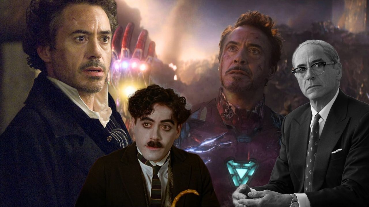 Robert Downey Jr. wytypował najlepszy film w jego karierze. Nie jest to produkcja Marvela, źródło grafiki: Sherlock Holmes; Guy Ritchie; Warner Bros.; 2009; Chaplin; Richard Attenborough; Carolco Pictures; 1992; Avengers: Koniec gry; Anthony Russo, Joe Russo; Marvel Studios; 2019; Oppenheimer; Christopher Nolan; Universal Pictures; 2023.
