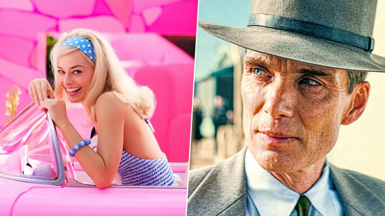 Barbie vs Oppenheimer - na co czytelnicy Filmomaniaka pójdą najpierw, źródło grafiki: Barbie, Greta Gerwig, Warner Bros. Pictures, 2023 / Oppenheimer, Christopher Nolan, Universal Pictures, 2023.