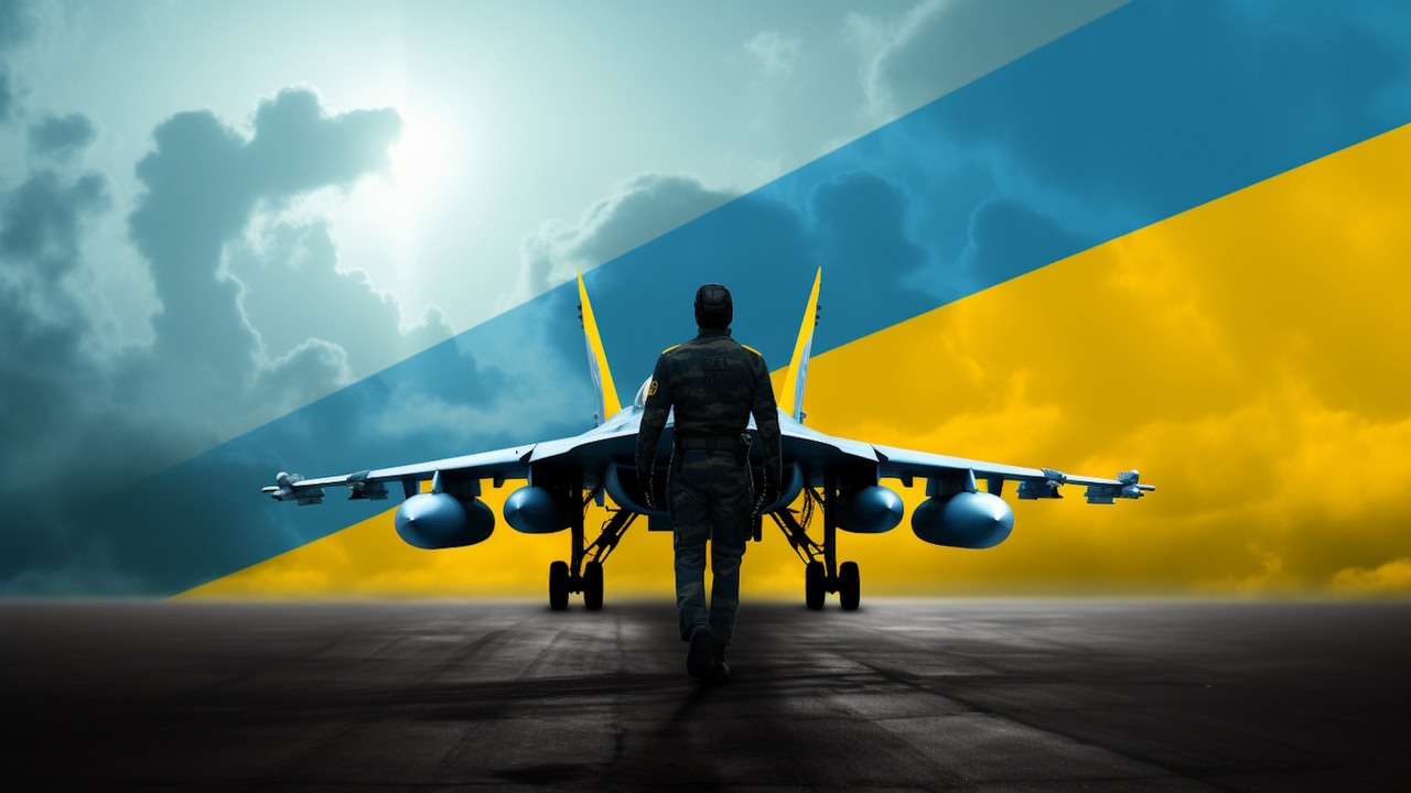 Prezydent Zełenski „przetestował” F-16 w symulatorze. Gra pomaga w szkoleniu ukraińskich pilotów, źródło grafiki: Midjourney..